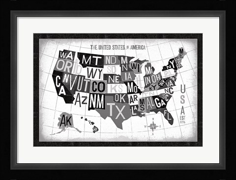 Framed Letterpress USA Map Dark Print