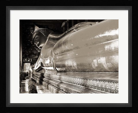 Framed Praying the reclined Buddha, Wat Pho, Bangkok, Thailand (sepia) Print