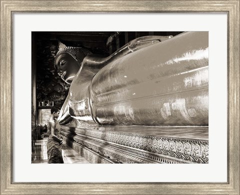 Framed Praying the reclined Buddha, Wat Pho, Bangkok, Thailand (sepia) Print