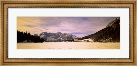 Framed Frozen Lake with Town at Mountainside, Lake Misurina, Veneto, Italy Print