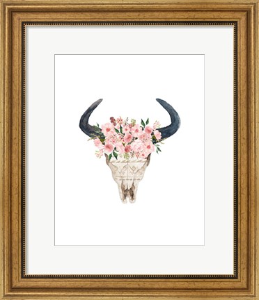 Framed Pink Floral Bull Skull Print