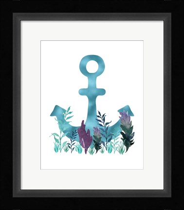 Framed Teal Florals Blue Anchor Print