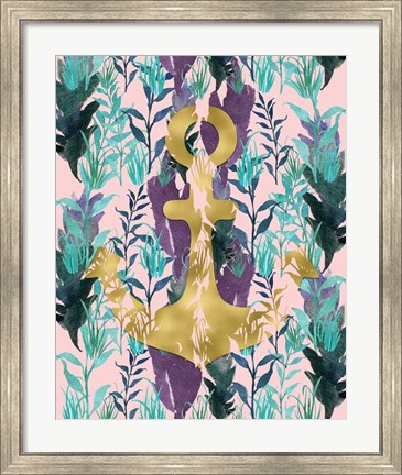 Framed Teal Florals Gold Anchor Print