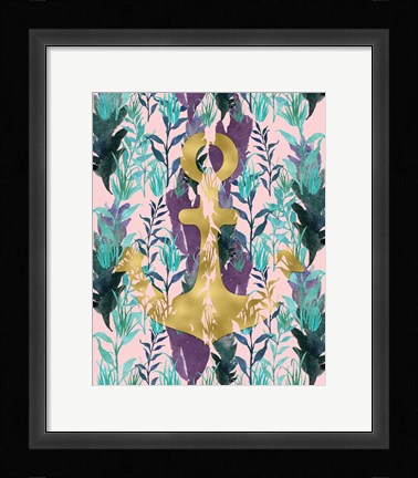 Framed Teal Florals Gold Anchor Print