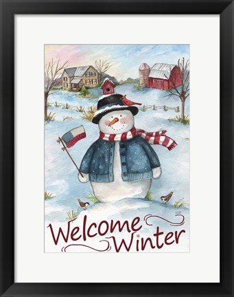 Framed Snowman Farm Scene Welcome Winter Print