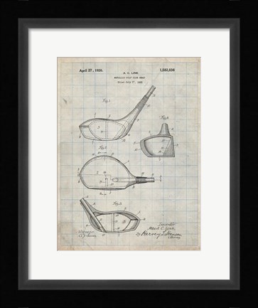 Framed Metallic Golf Club Head Patent - Antique Grid Parchment Print