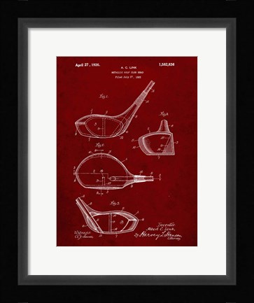 Framed Metallic Golf Club Head Patent - Burgundy Print