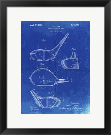 Framed Metallic Golf Club Head Patent - Faded Blueprint Print