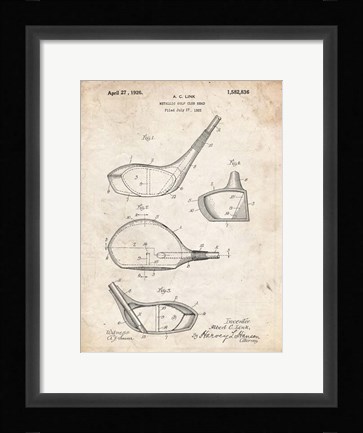Framed Metallic Golf Club Head Patent - Vintage Parchment Print