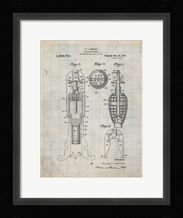 Framed Explosive Missile Patent - Antique Grid Parchment Print
