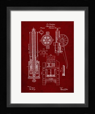 Framed Machine Gun Patent - Burgundy Print