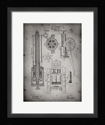 Framed Machine Gun Patent - Faded Grey Print