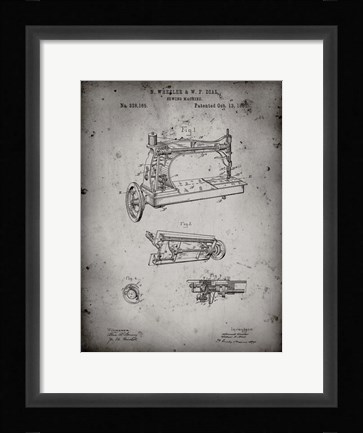 Framed Sewing Machine Patent - Faded Grey Print