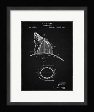 Framed Fireman's Hat Patent - Vintage Black Print
