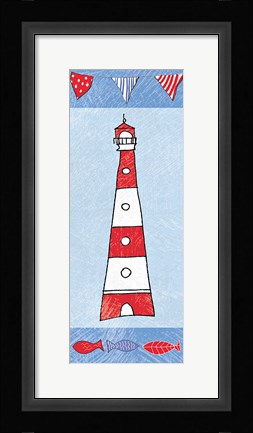 Framed Coastal Lighthouse I on Blue Print