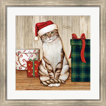 Framed Christmas Kitty on Planked Wood Print