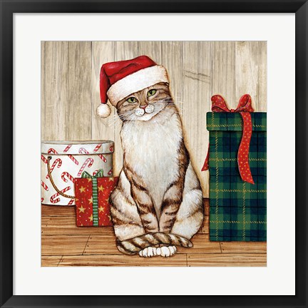 Framed Christmas Kitty on Planked Wood Print