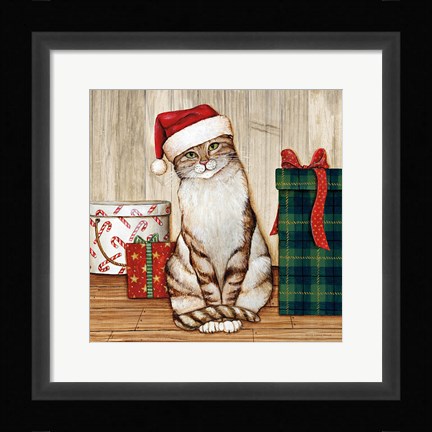 Framed Christmas Kitty on Planked Wood Print
