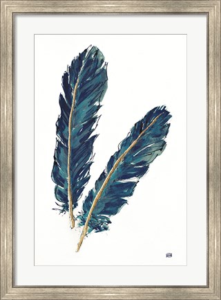 Framed Gold Feathers IV Indigo Print