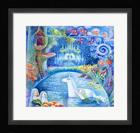 Framed Bathing Of Unicorn Print