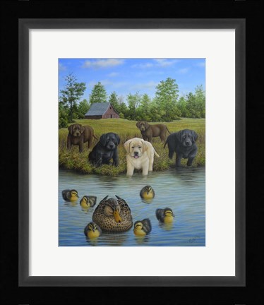 Framed Puppies And Ducklings Print