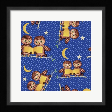 Framed Cute Baby Owls Starry Night Pattern Print