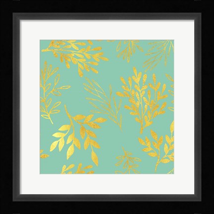 Framed Golden Leaves Pattern Aquamarine Print