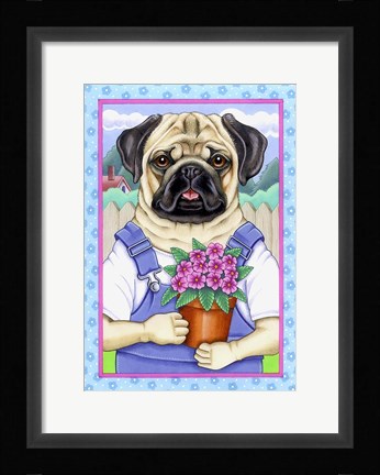 Framed Pug Flower Pot Print