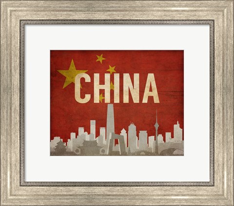 Framed Beijing, China - Flags and Skyline Print