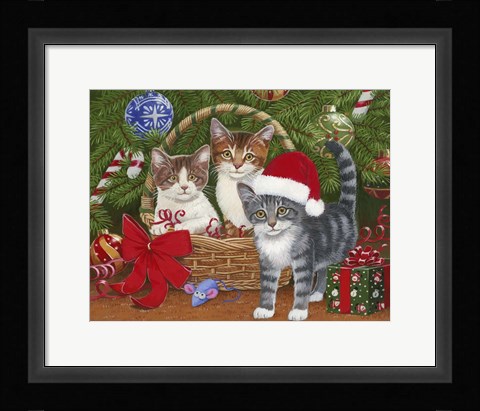 Framed Christmas Kittens in a Basket Print