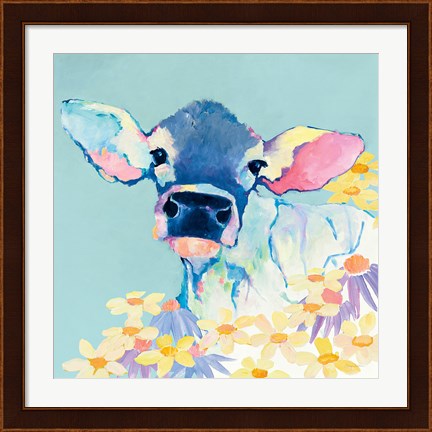 Framed Bessie with Flowers on Teal Print