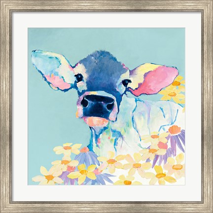 Framed Bessie with Flowers on Teal Print