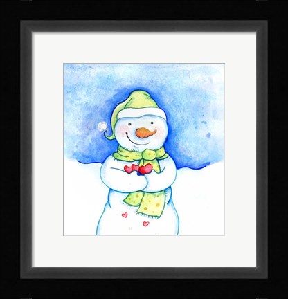 Framed Snowman Holding Hearts Print