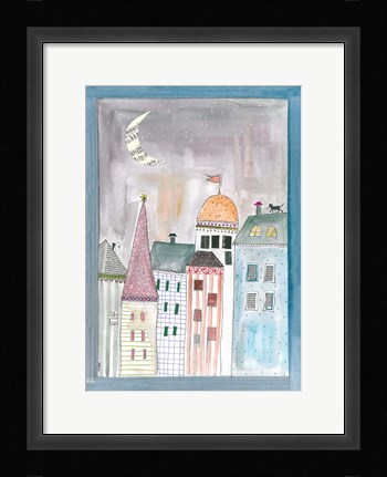 Framed Fantasy Cityscape With Cat On Roof Print