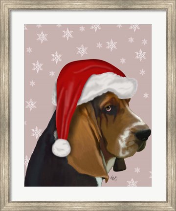Framed Basset Hound, Christmas Hat Print