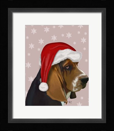 Framed Basset Hound, Christmas Hat Print