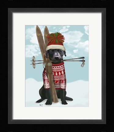 Framed Black Labrador, Skiing Print