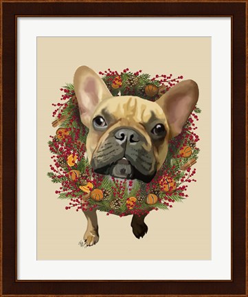 Framed French Bulldog, Cranberry Wreath Print