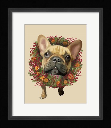 Framed French Bulldog, Cranberry Wreath Print