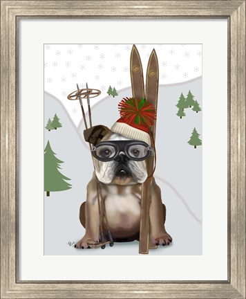 Framed English Bulldog, Skiing Print