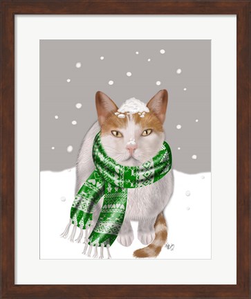Framed White Cat, Green Scarf Print