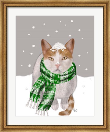 Framed White Cat, Green Scarf Print