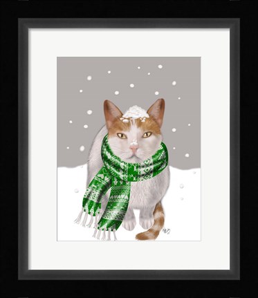 Framed White Cat, Green Scarf Print