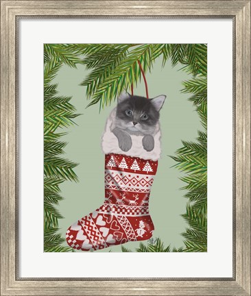 Framed Grey Kitten in Christmas Stocking Print
