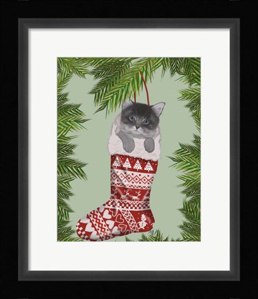 Framed Grey Kitten in Christmas Stocking Print