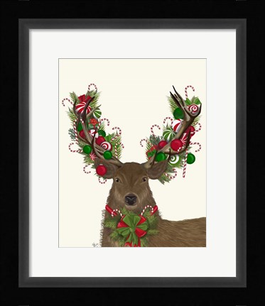 Framed Deer, Candy Cane Wreath Print