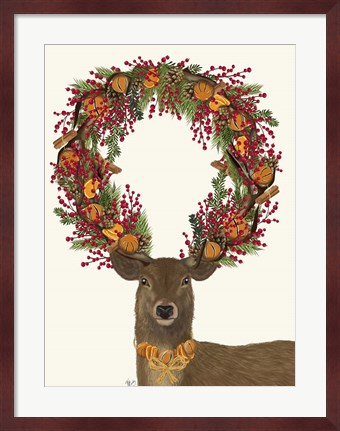 Framed Deer, Cranberry and Orange Wreath, Full Print