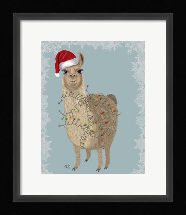 Framed Llama, Christmas Lights 2 Print