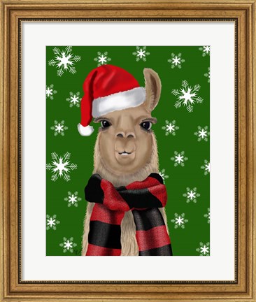 Framed Llama, Christmas Hat Print