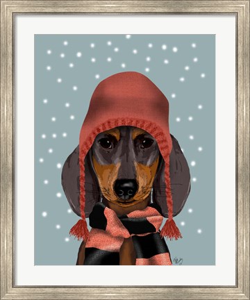Framed Dachshund With Woolly Hat &amp; Scarf Print